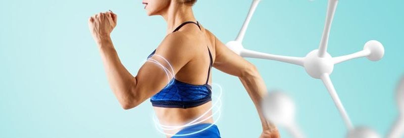 woman in a moving motion with translucent bands around her